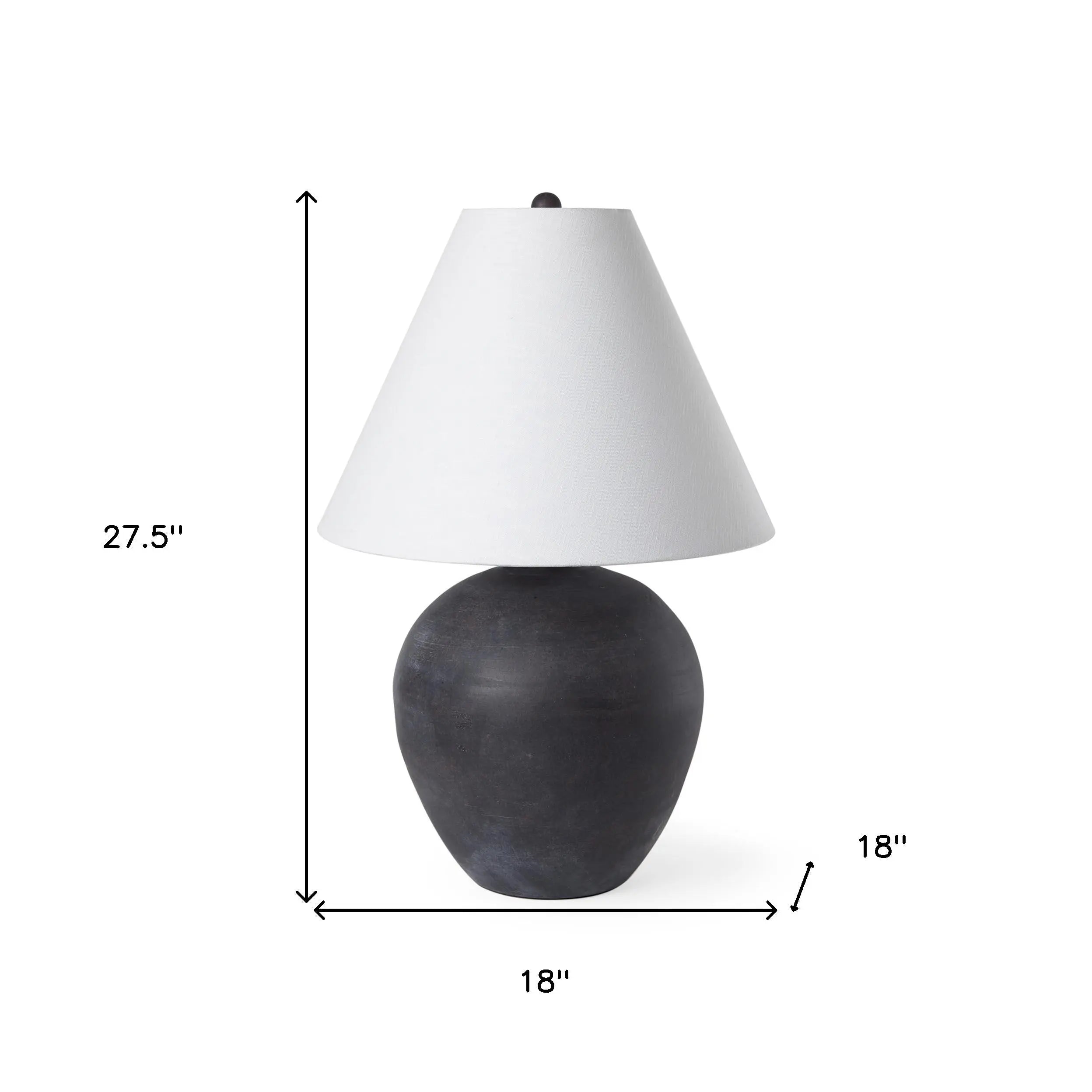 Black ceramic table lamp with a white fabric shade, 27.5 inches tall and 18 inches wide. Stylish and modern design.