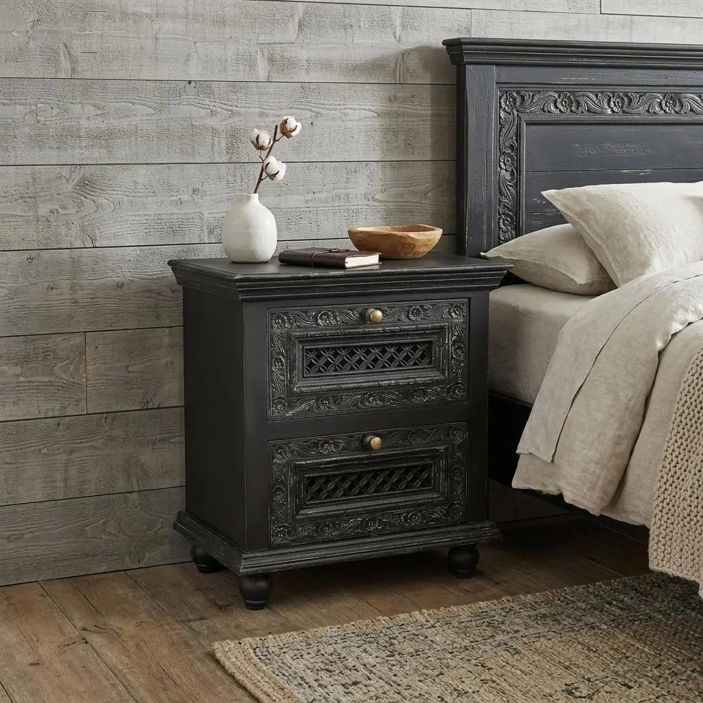 28" Black Solid Wood Square Distressed Carved Floral Two Drawer Nightstand Homeroots Bed & Bath