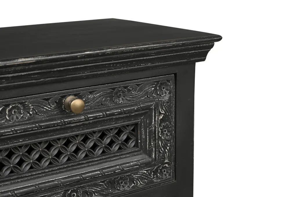 28" Black Solid Wood Square Distressed Carved Floral Two Drawer Nightstand Homeroots Bed & Bath