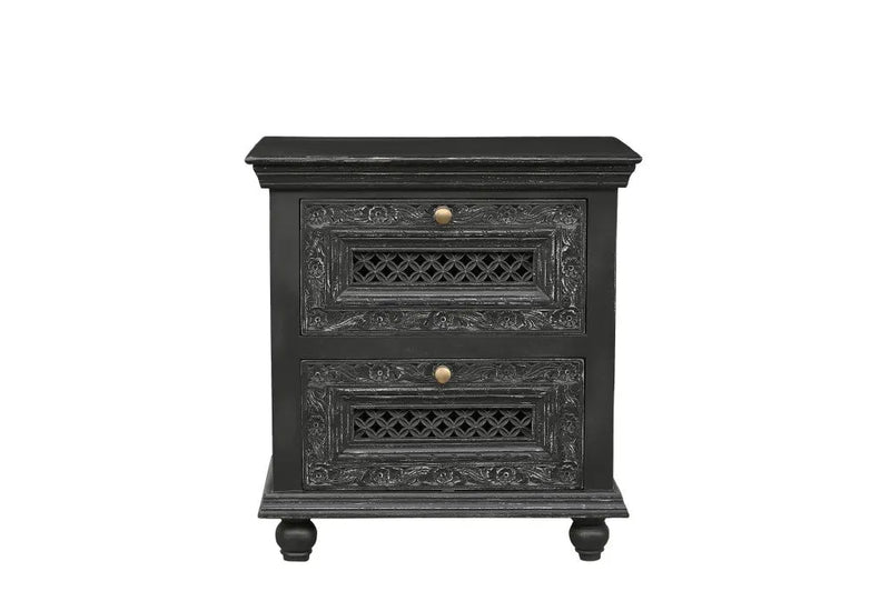 28" Black Solid Wood Square Distressed Carved Floral Two Drawer Nightstand Homeroots Bed & Bath