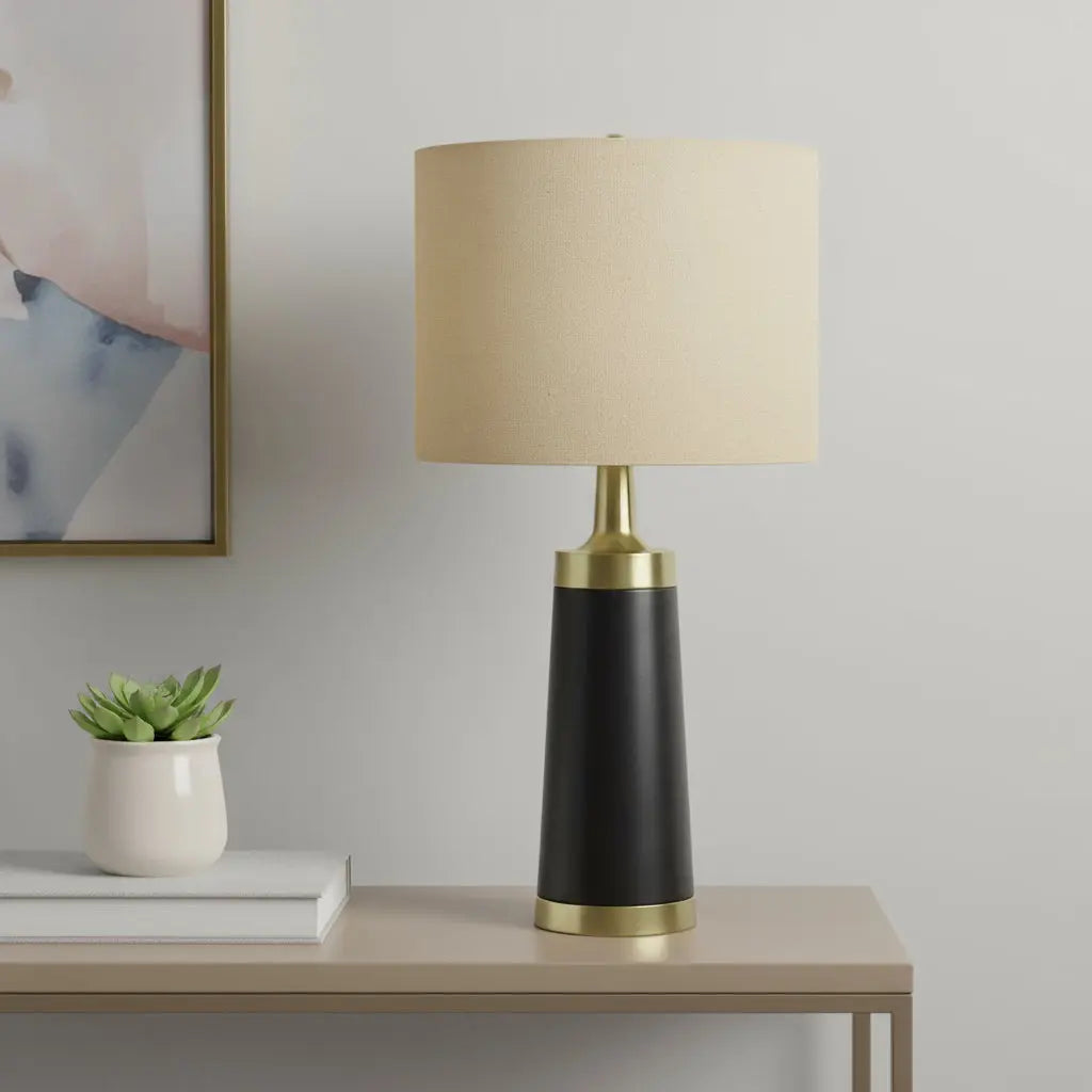 28" Black and Gold Metal Cylinder Table Lamp With Beige Drum Shade Homeroots Lighting