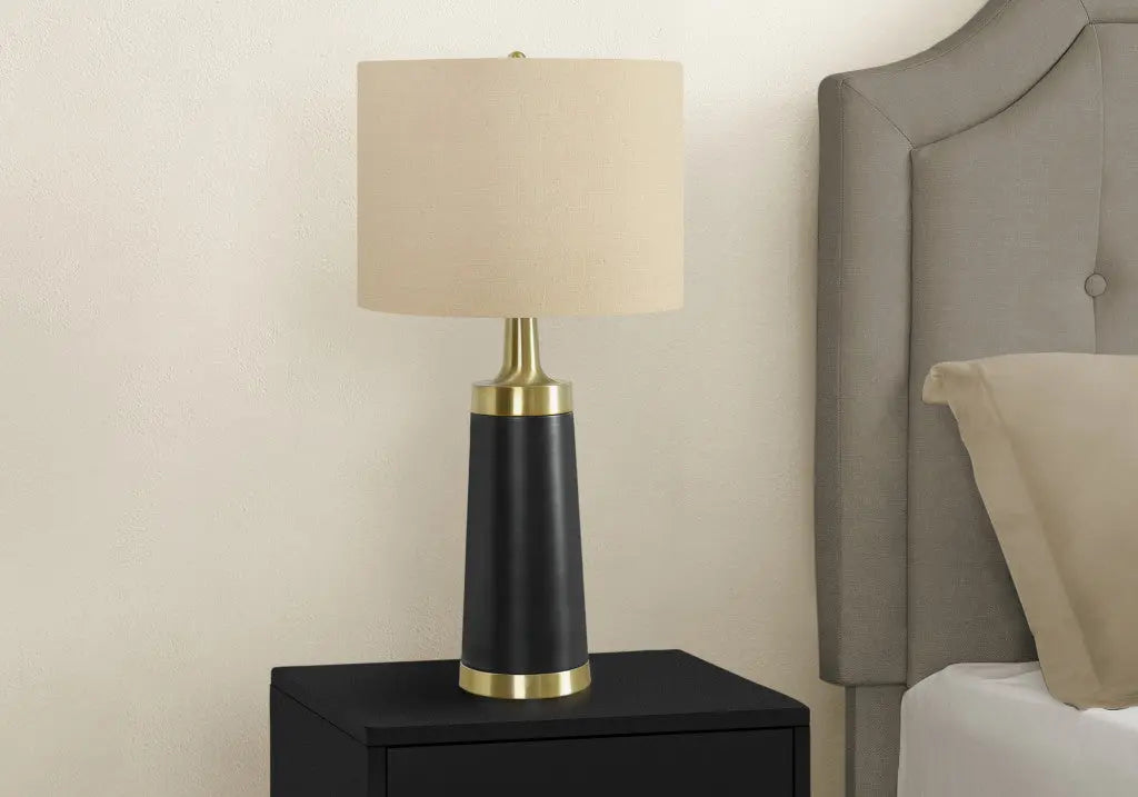 28" Black and Gold Metal Cylinder Table Lamp With Beige Drum Shade Homeroots Lighting