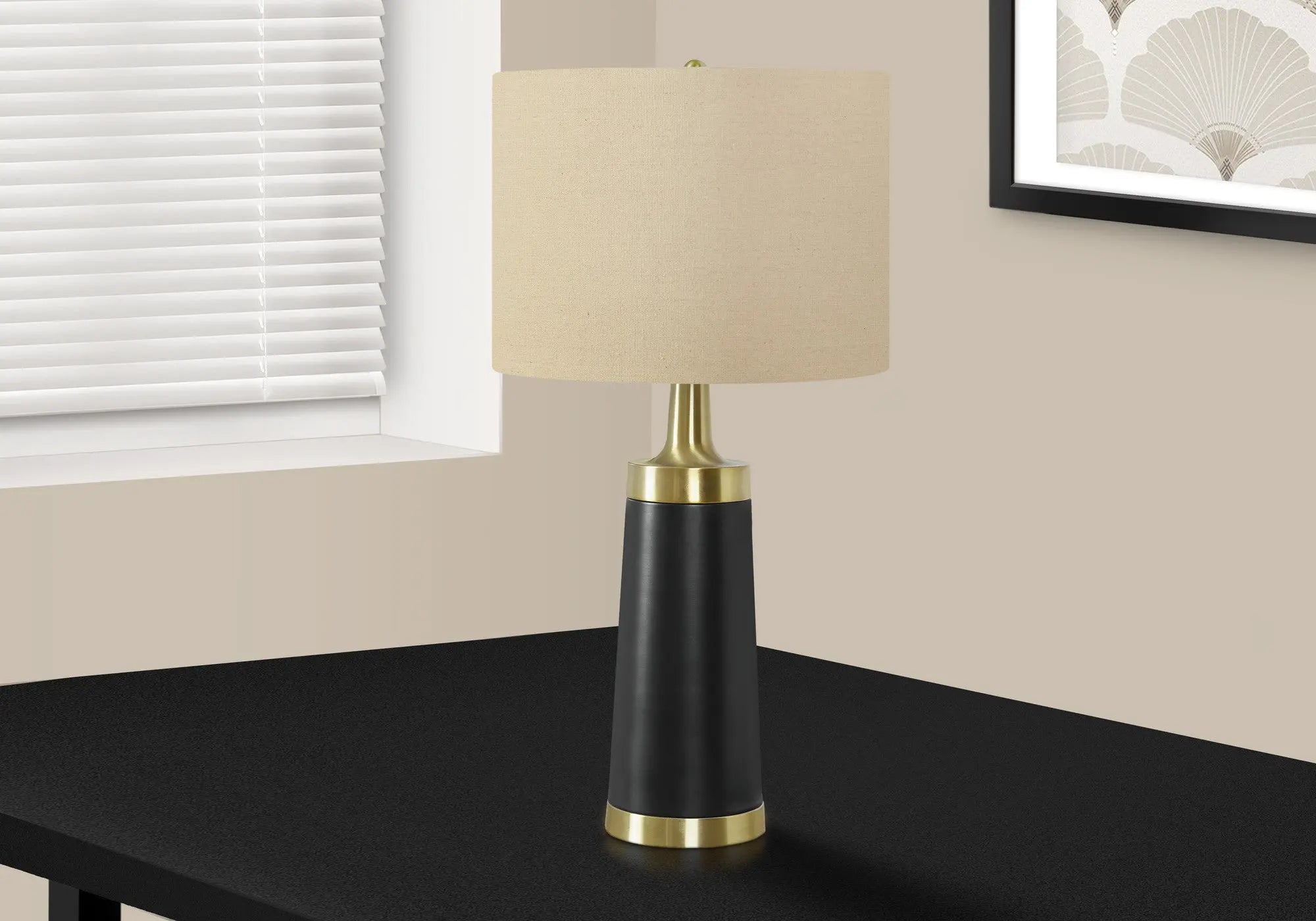 28" Black and Gold Metal Cylinder Table Lamp With Beige Drum Shade Homeroots Lighting