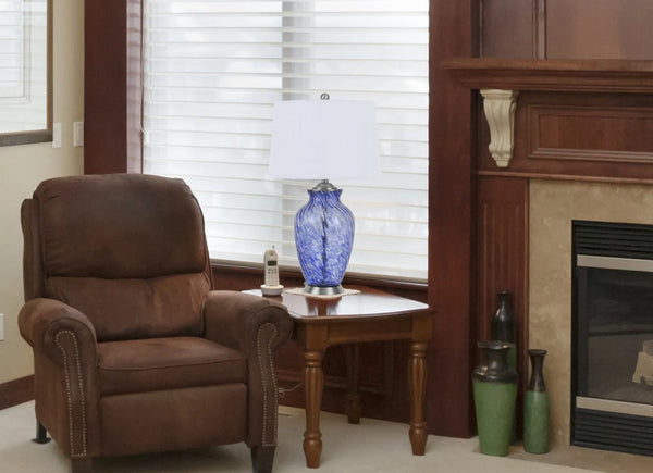 28" Blue Swirl Glass Table Lamp With White Empire Shade Homeroots Lighting