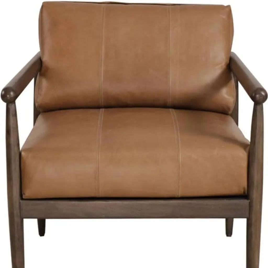 28" Brown Genuine Leather and Solid Wood Arm Chair Homeroots Living Room
