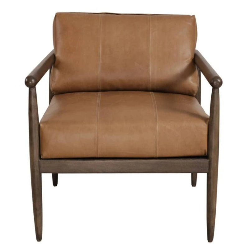 28" Brown Genuine Leather and Solid Wood Arm Chair Homeroots Living Room