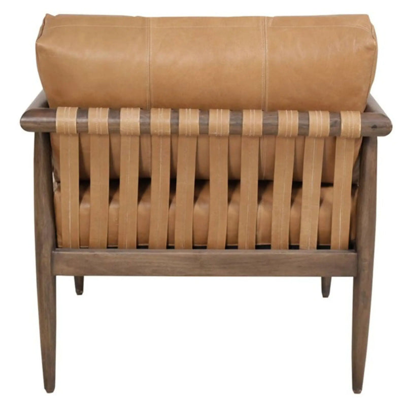 28" Brown Genuine Leather and Solid Wood Arm Chair Homeroots Living Room