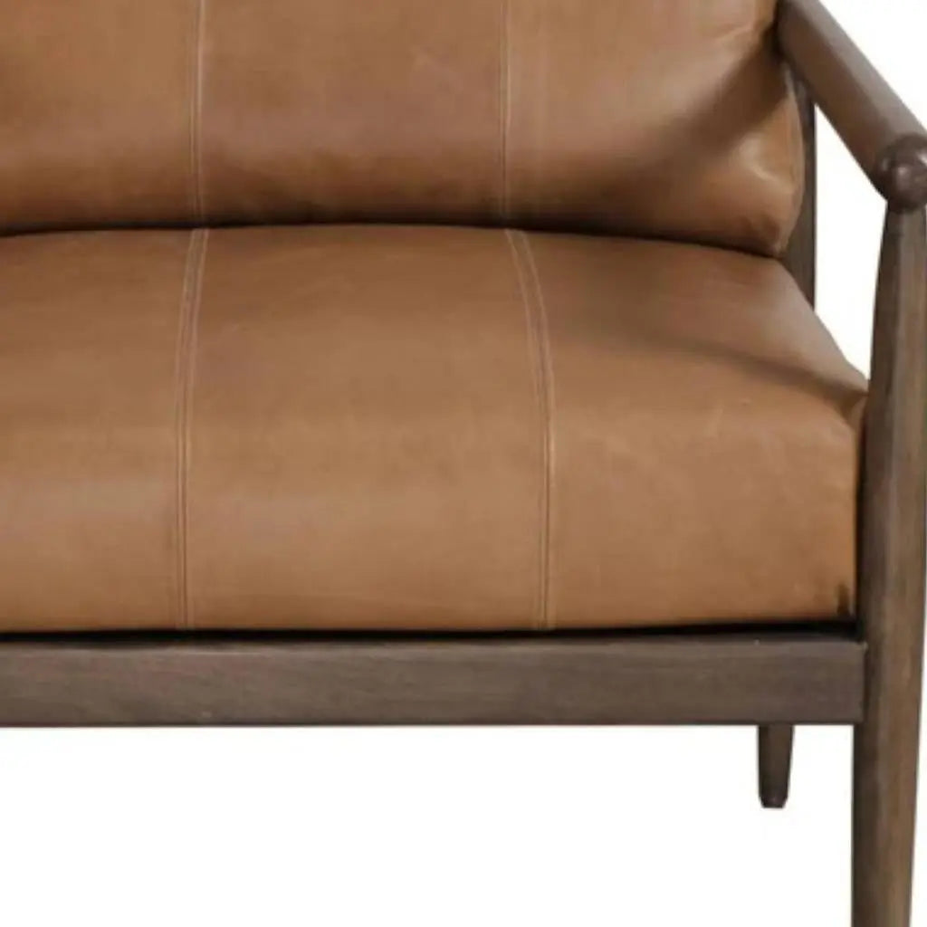 28" Brown Genuine Leather and Solid Wood Arm Chair Homeroots Living Room