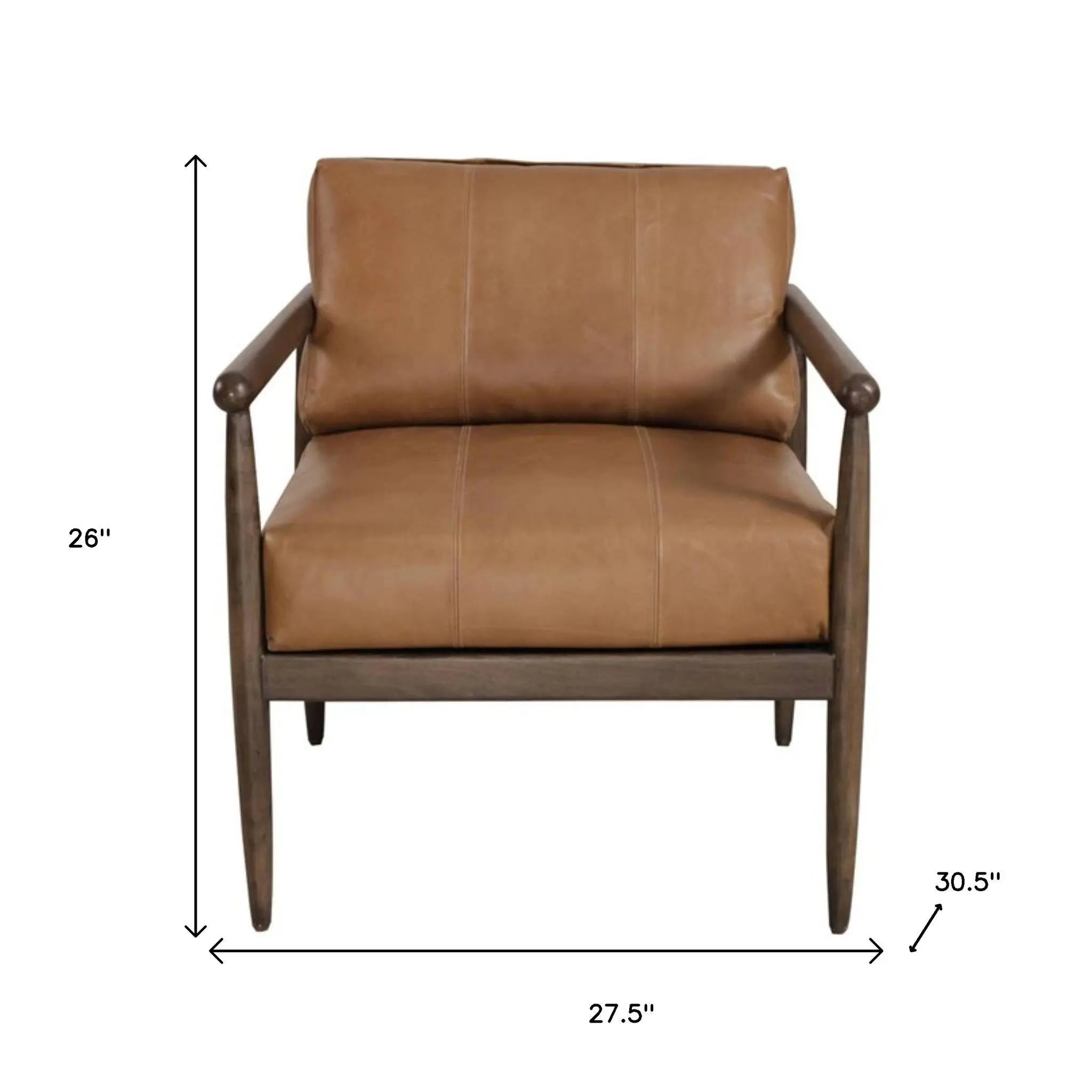 28" Brown Genuine Leather and Solid Wood Arm Chair Homeroots Living Room