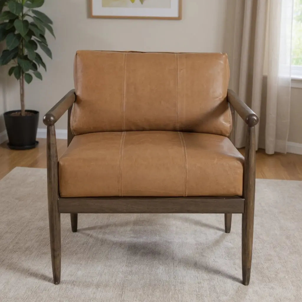 28" Brown Genuine Leather and Solid Wood Arm Chair Homeroots Living Room