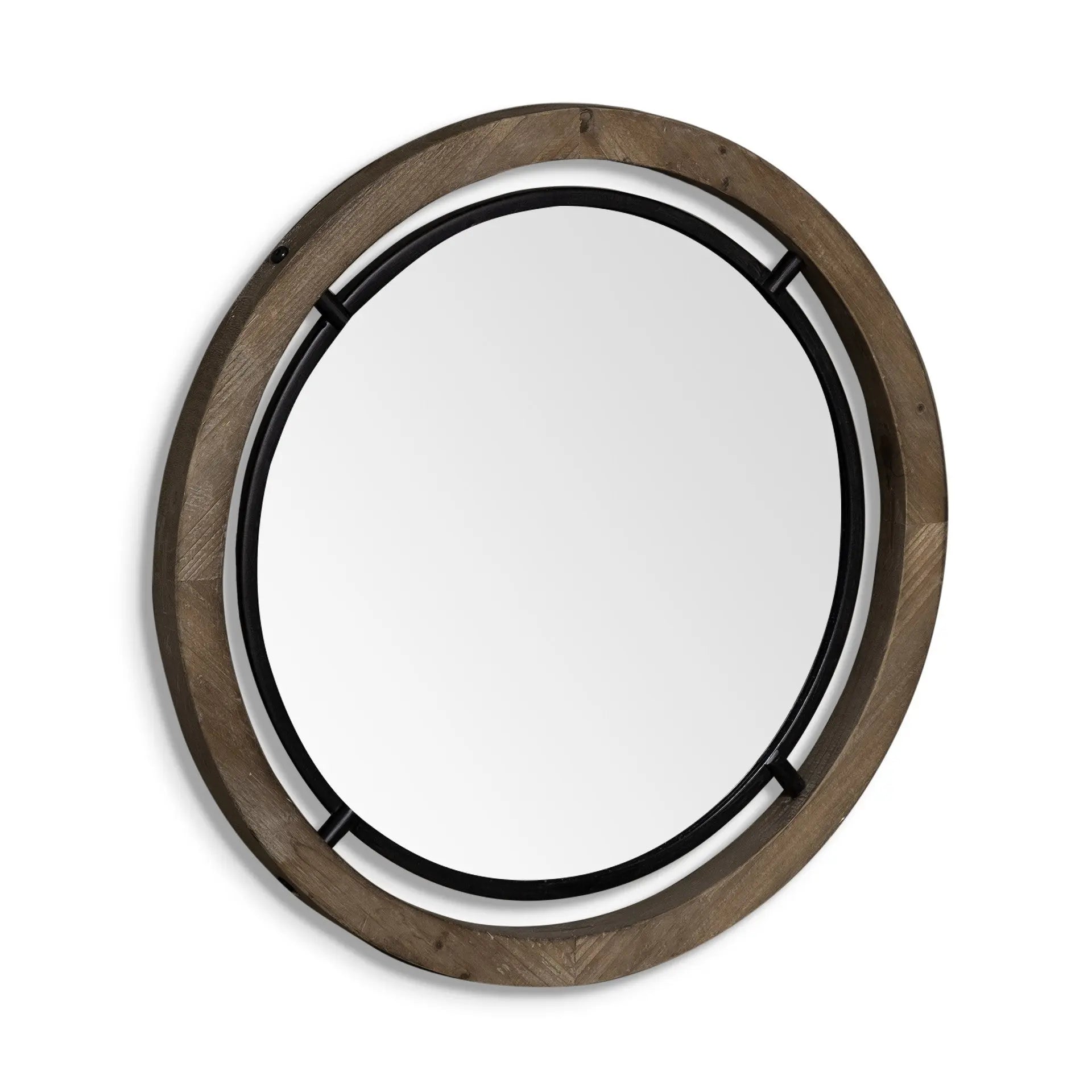 28" Brown Round Wood Framed Accent Mirror Homeroots Bed & Bath