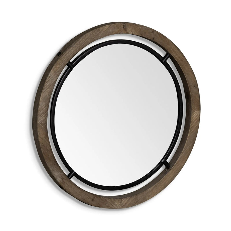 28" Brown Round Wood Framed Accent Mirror Homeroots Bed & Bath