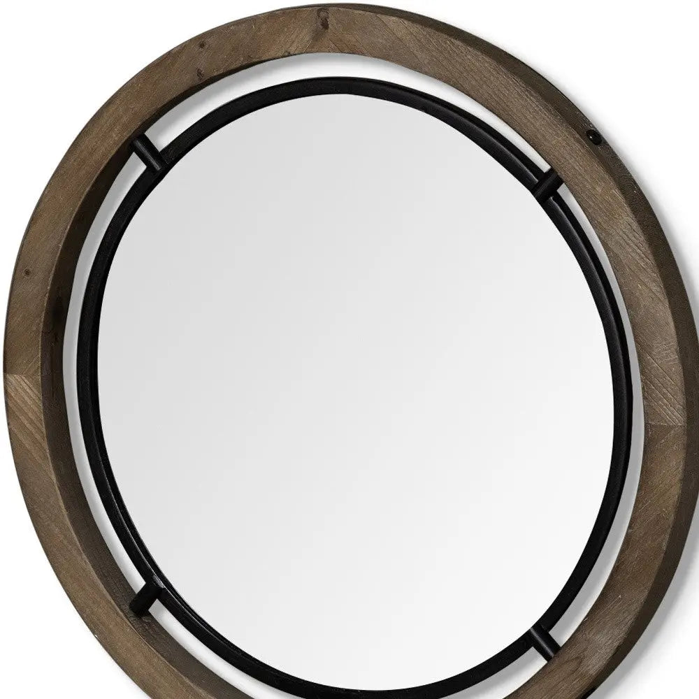 28" Brown Round Wood Framed Accent Mirror Homeroots Bed & Bath