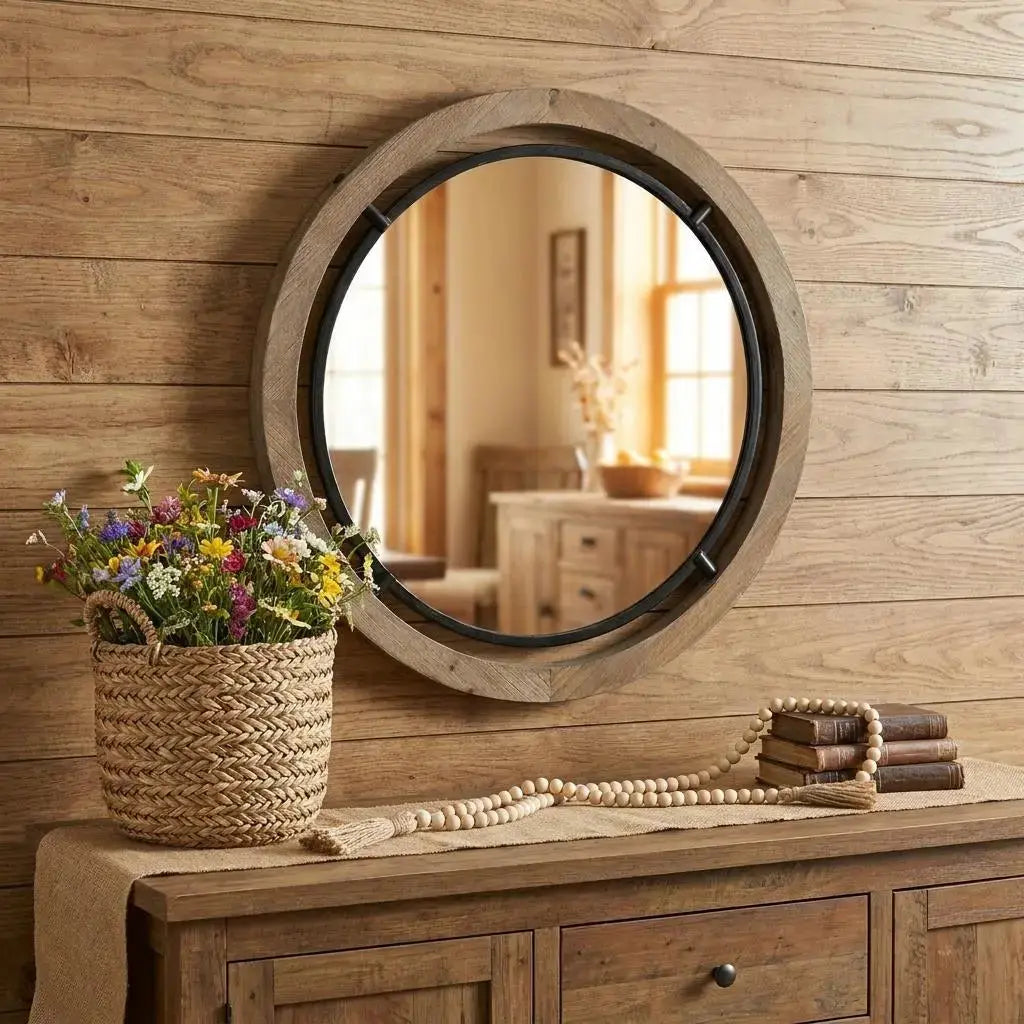 28" Brown Round Wood Framed Accent Mirror Homeroots Bed & Bath