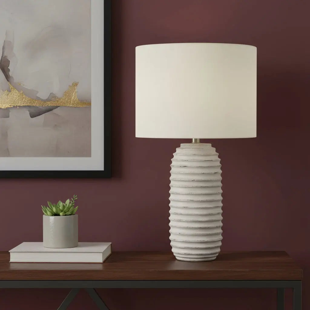 28" Cream Geometric Table Lamp With Cream Drum Shade Homeroots Lighting