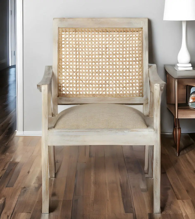 28" Cream and Natural Fabric Distressed Arm Chair - GreatEagleInc