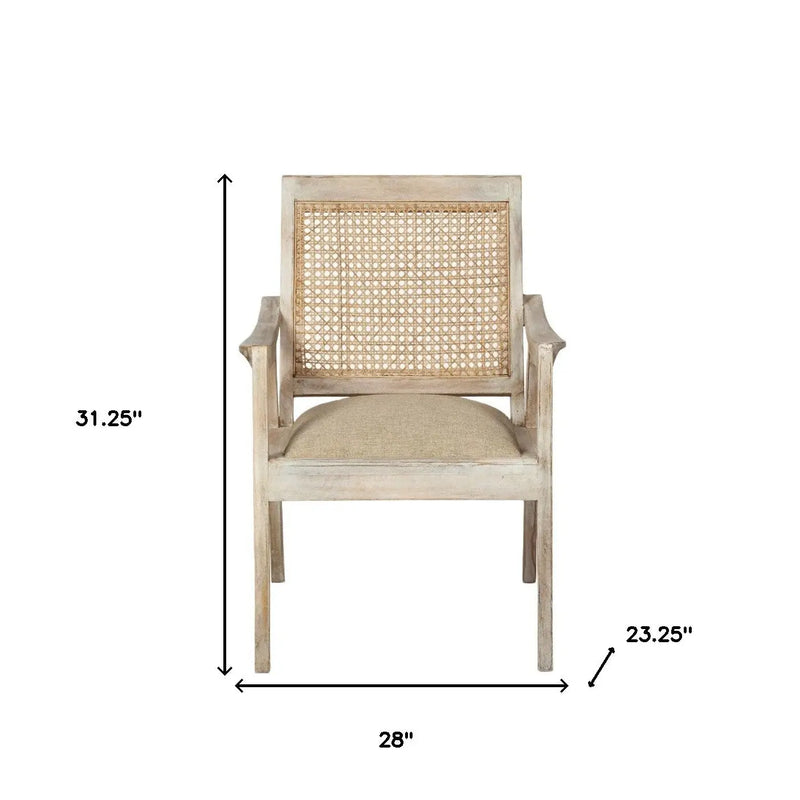 28" Cream and Natural Fabric Distressed Arm Chair - GreatEagleInc