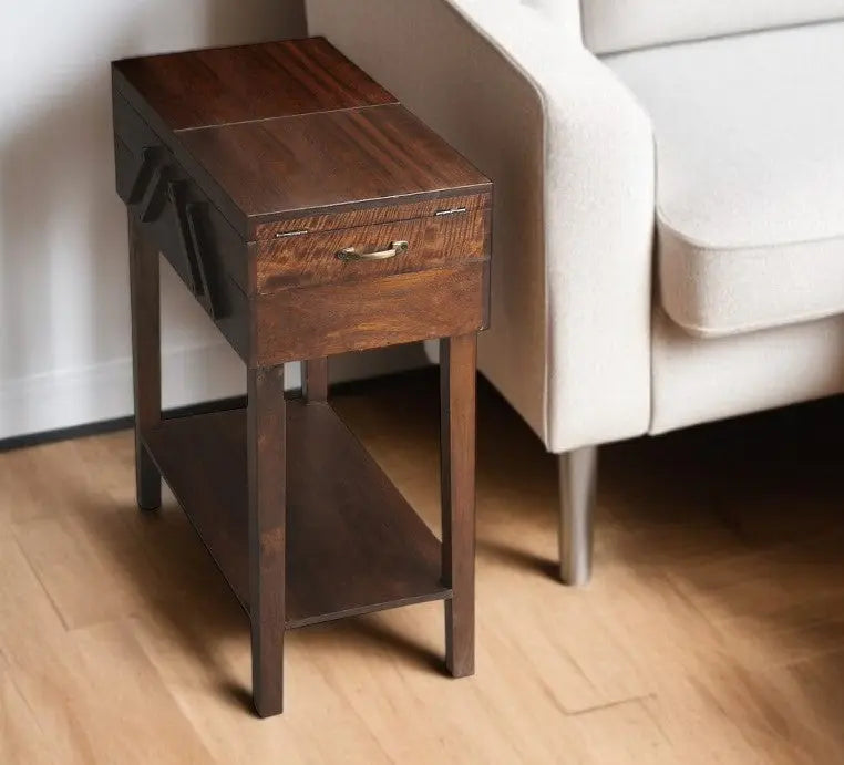 28" Dark Brown Solid Wood Rectangular End Table With Drawer And Shelf Homeroots Living Room
