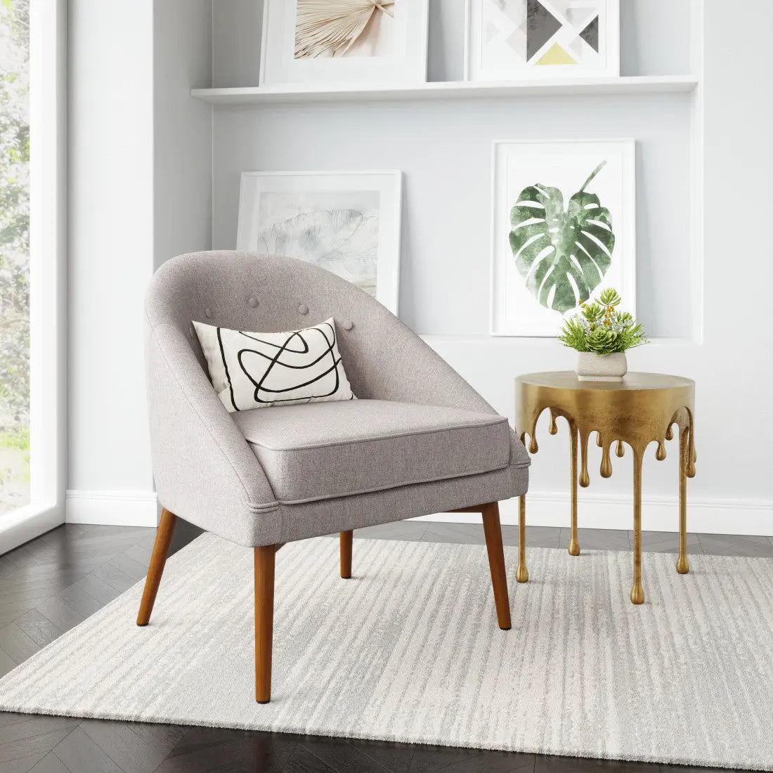 28" Gray And Brown Fabric And Upholstered Tufted Barrel Chair Homeroots Living Room