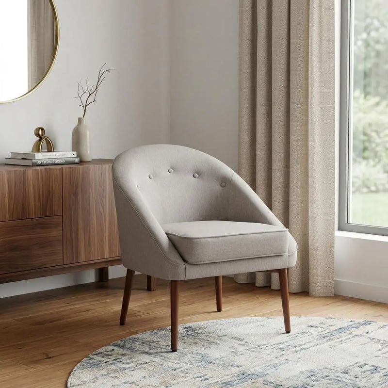 28" Gray And Brown Fabric And Upholstered Tufted Barrel Chair Homeroots Living Room