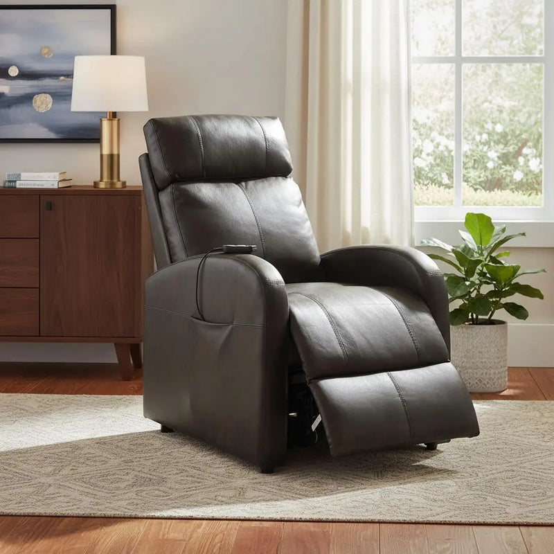 28" Gray Tufted Faux Leather Faux Leather Power Lift Assist Recliner Homeroots Living Room
