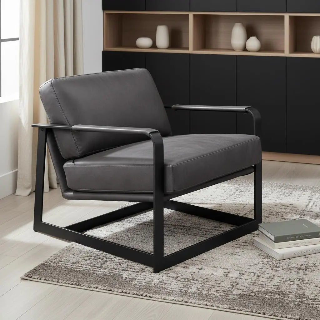 28" Gray and Steel Blue Top Grain Leather Arm Chair Homeroots Living Room