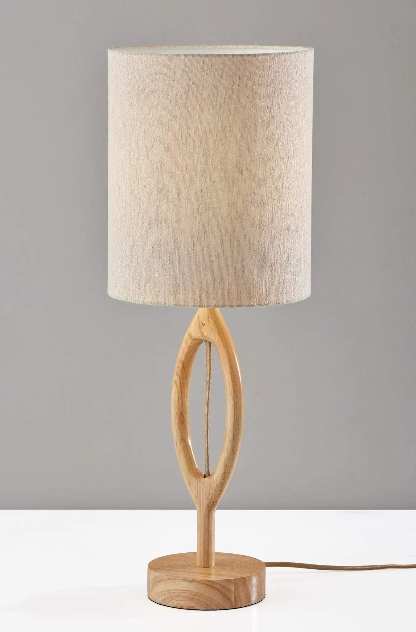28" Natural Solid Wood Round Table Lamp With Beige Drum Shade - GreatEagleInc
