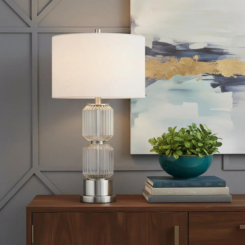 28" Nickel Metal Table Lamp With White Drum Shade Homeroots Lighting
