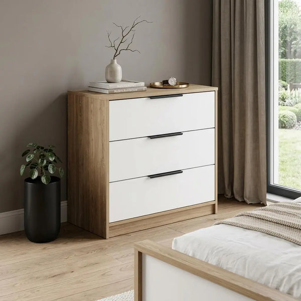 28" Oak And White Wood Three Drawer Dresser Homeroots Bed & Bath