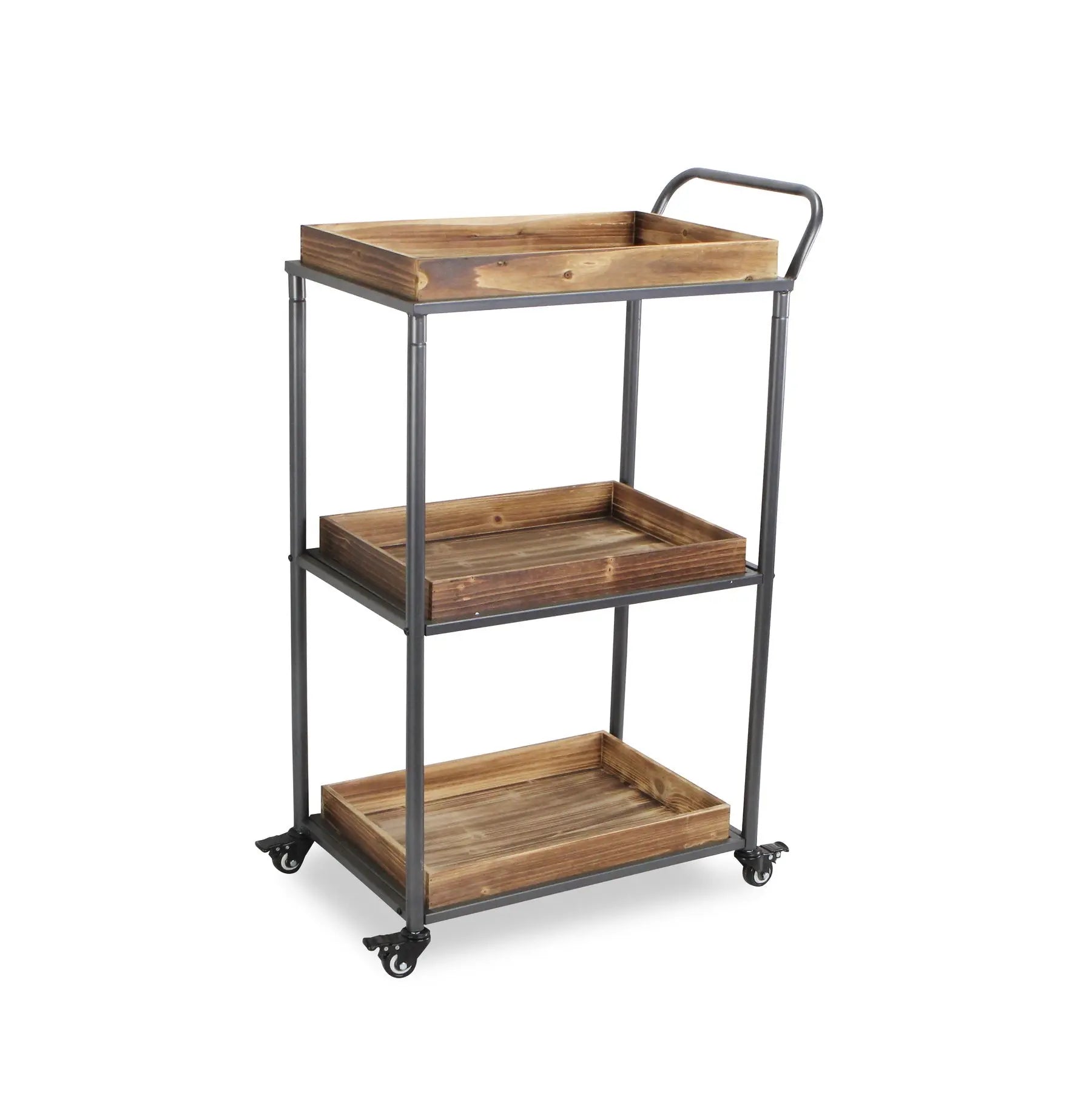 28" Silver Metal and Solid Wood Distressed Rolling Bar Cart Homeroots Kitchen & Dining