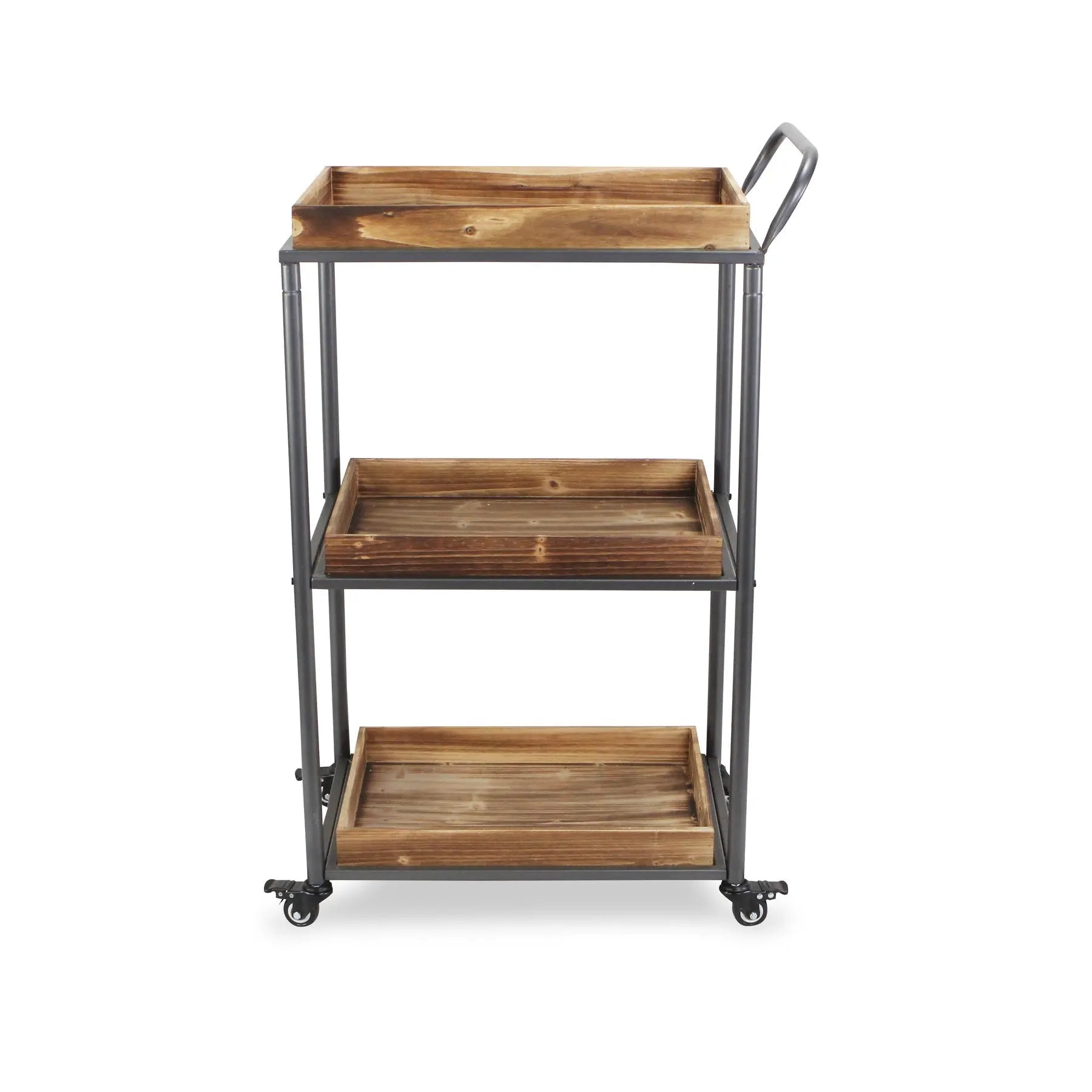 28" Silver Metal and Solid Wood Distressed Rolling Bar Cart Homeroots Kitchen & Dining