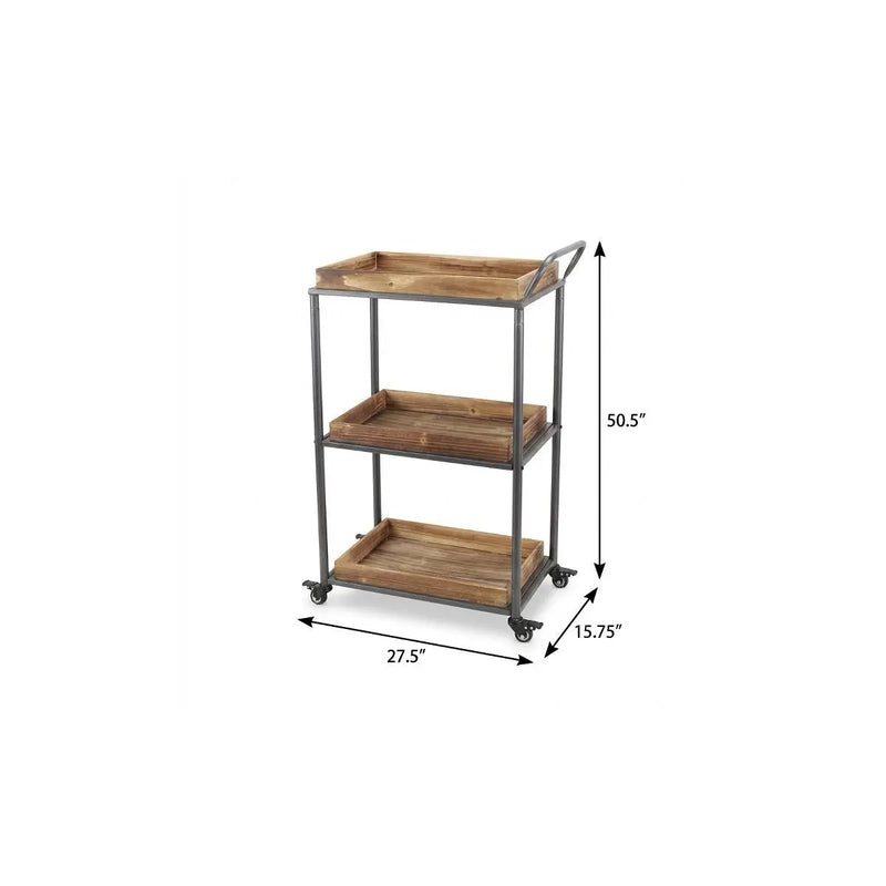 28" Silver Metal and Solid Wood Distressed Rolling Bar Cart Homeroots Kitchen & Dining