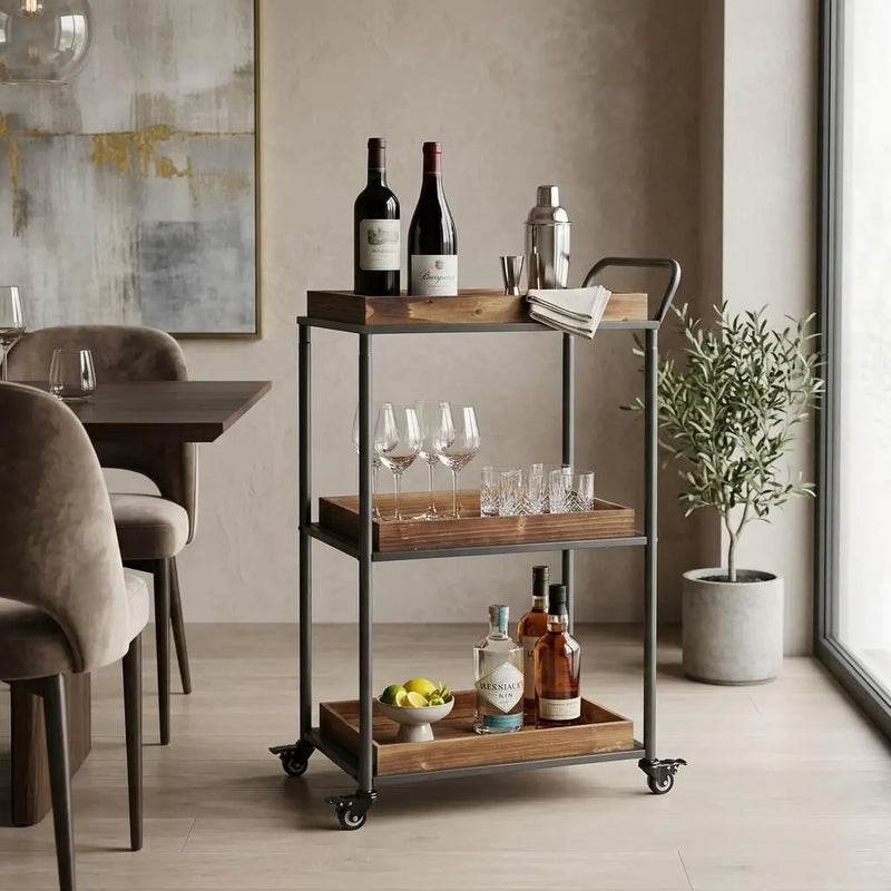 28" Silver Metal and Solid Wood Distressed Rolling Bar Cart Homeroots Kitchen & Dining