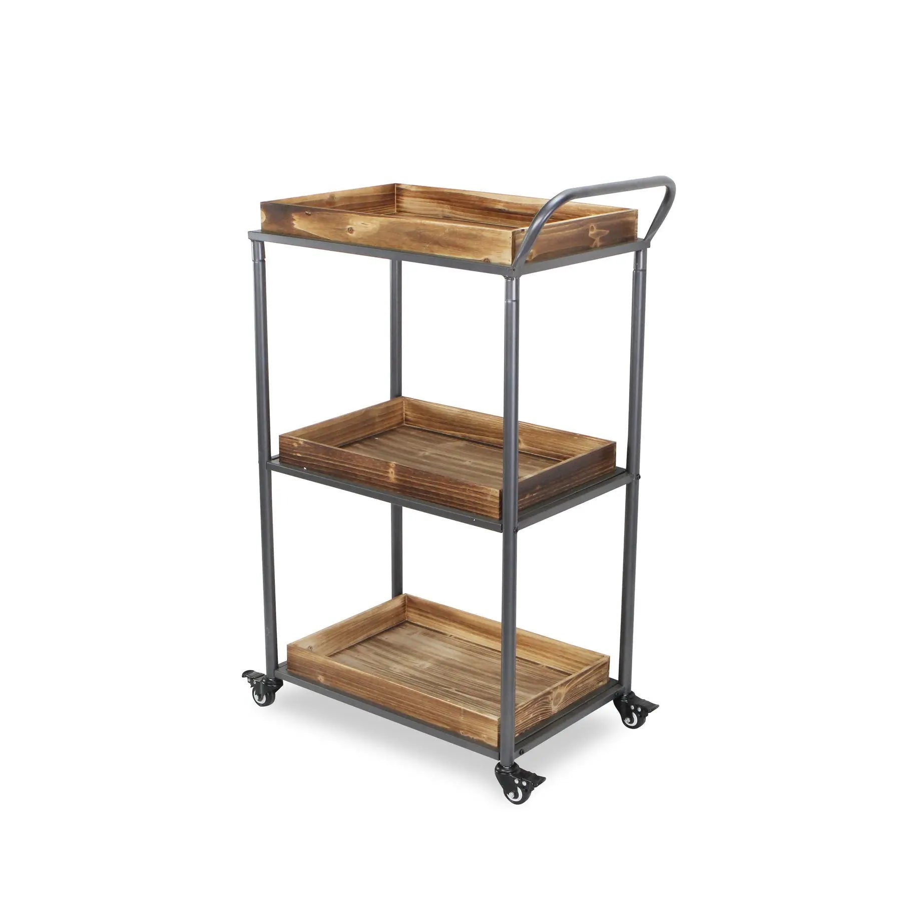 28" Silver Metal and Solid Wood Distressed Rolling Bar Cart Homeroots Kitchen & Dining