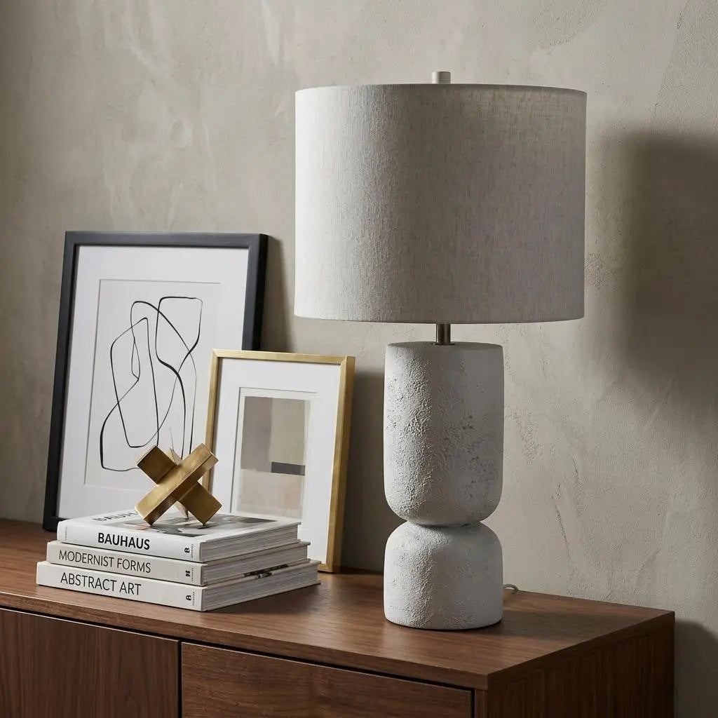 Modern white ceramic table lamp with linen shade, perfect for contemporary home decor.
