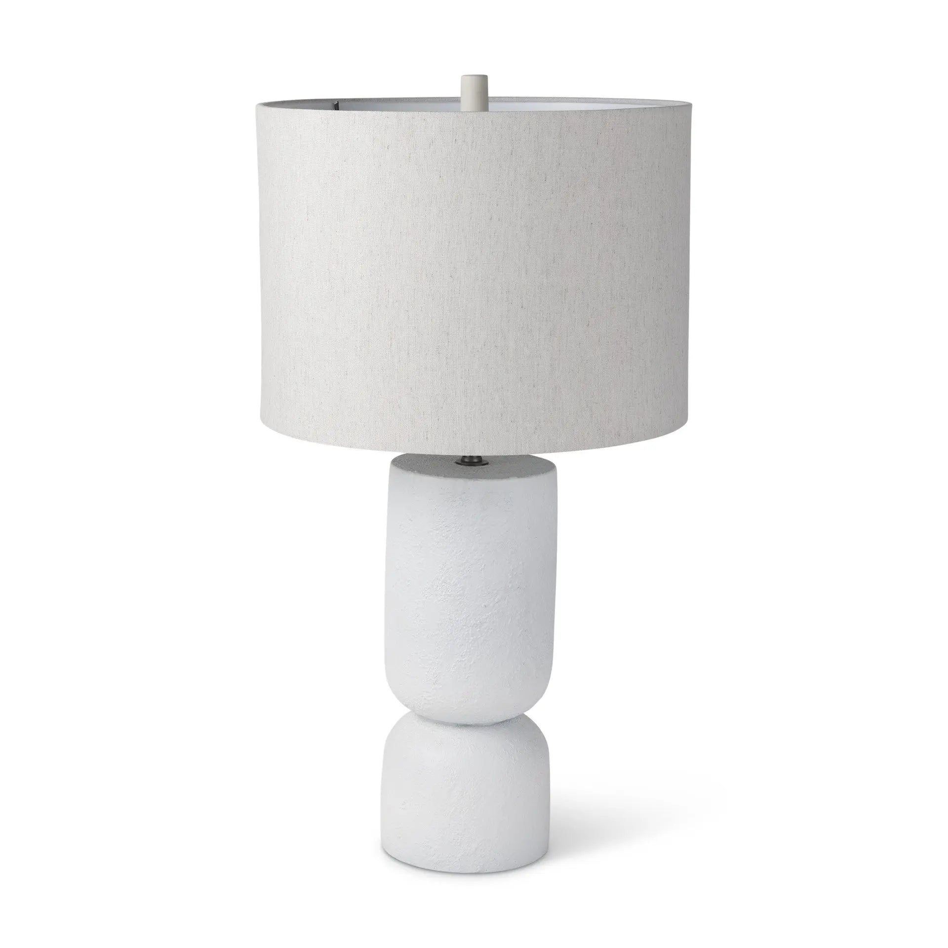 White ceramic table lamp with a textured base and a light grey fabric shade, perfect for modern decor.