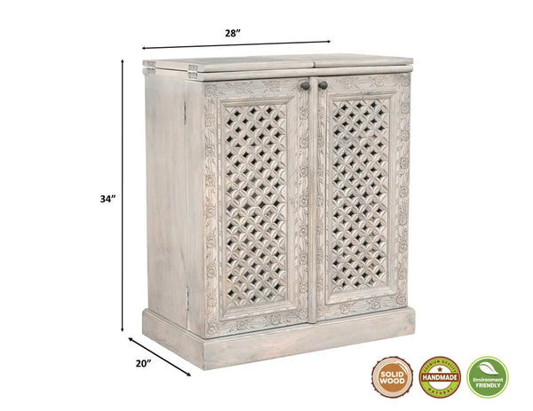 28" White Solid Wood Carved Floral Bar Cabinet With Two Doors And One Drawer Homeroots Kitchen & Dining