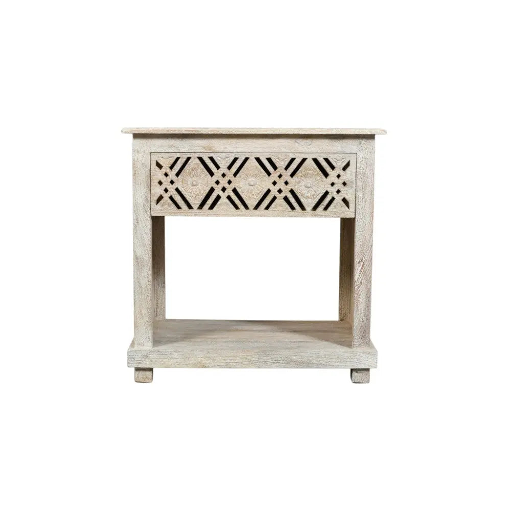 28" White Solid Wood Distressed Carved Geometric One Drawer Nightstand Homeroots Bed & Bath