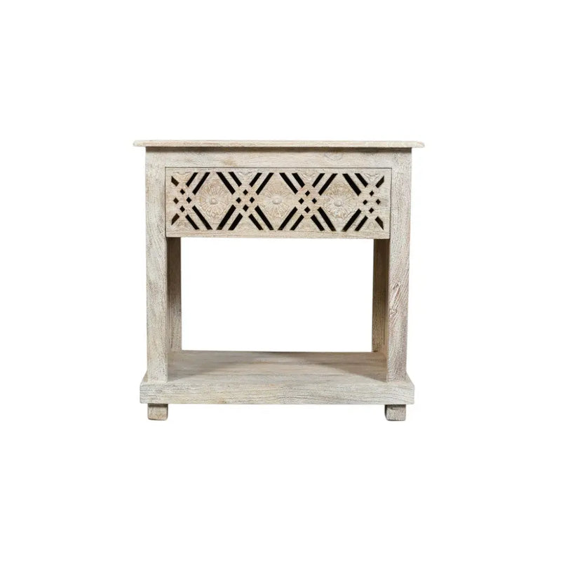 28" White Solid Wood Distressed Carved Geometric One Drawer Nightstand Homeroots Bed & Bath