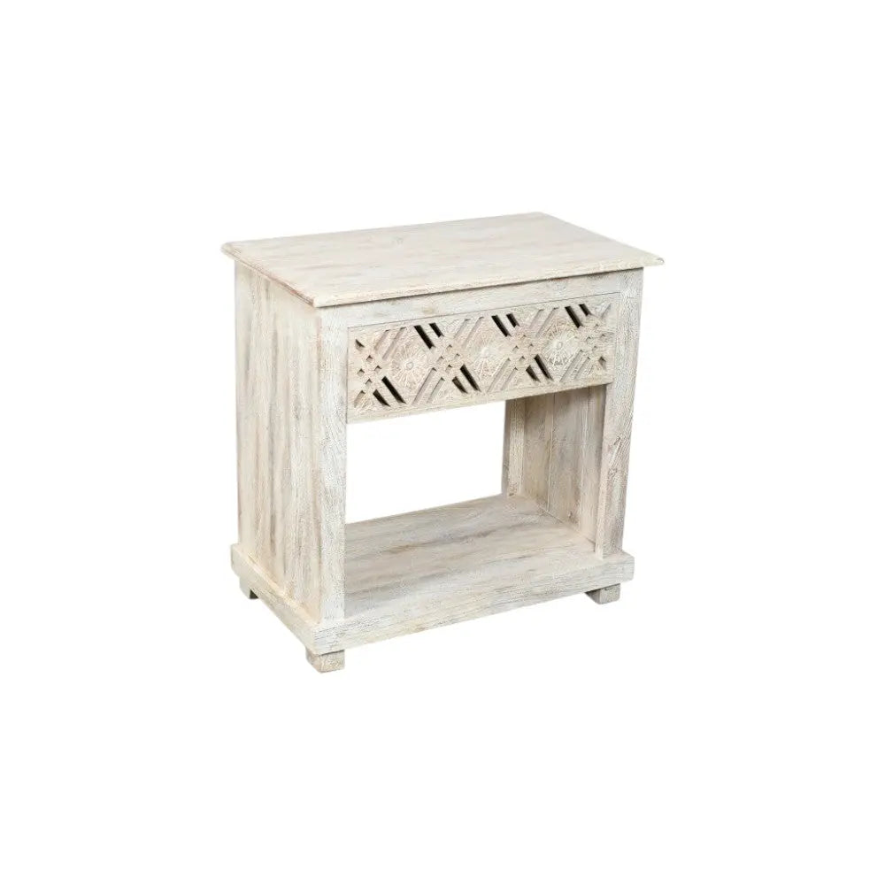 28" White Solid Wood Distressed Carved Geometric One Drawer Nightstand Homeroots Bed & Bath