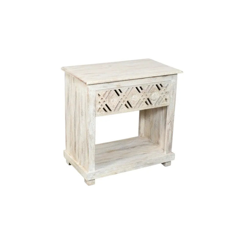 28" White Solid Wood Distressed Carved Geometric One Drawer Nightstand Homeroots Bed & Bath