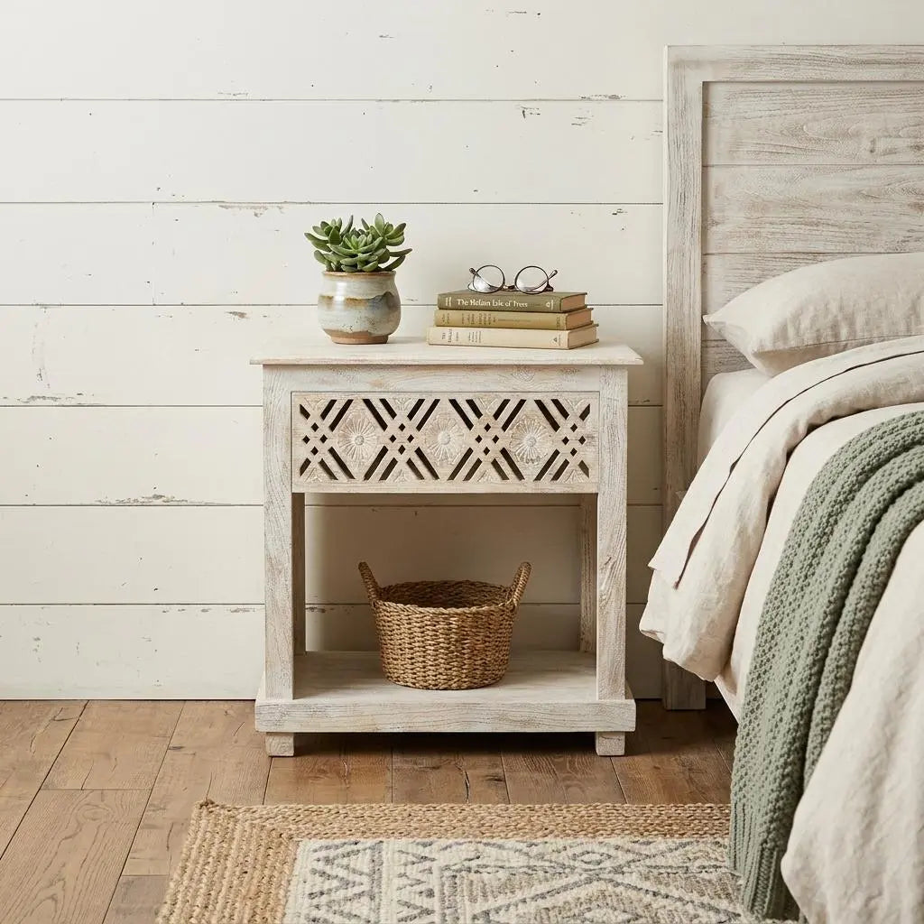 28" White Solid Wood Distressed Carved Geometric One Drawer Nightstand Homeroots Bed & Bath