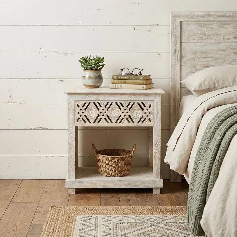 28" White Solid Wood Distressed Carved Geometric One Drawer Nightstand Homeroots Bed & Bath