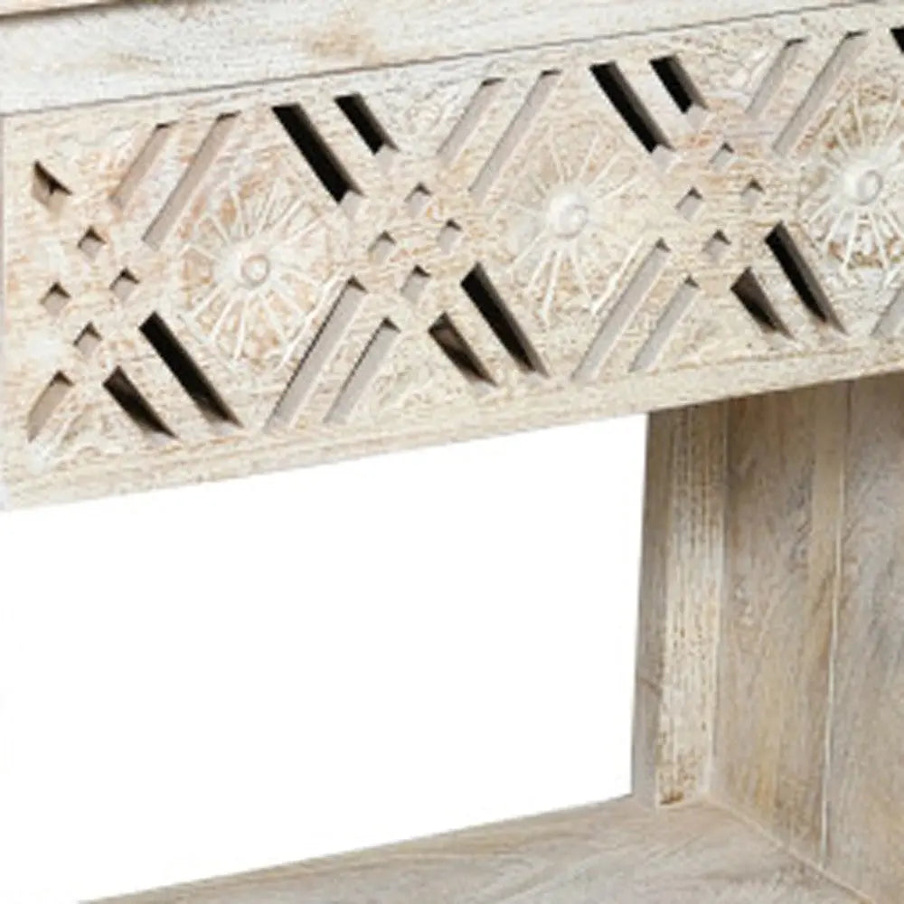 28" White Solid Wood Distressed Carved Geometric One Drawer Nightstand Homeroots Bed & Bath