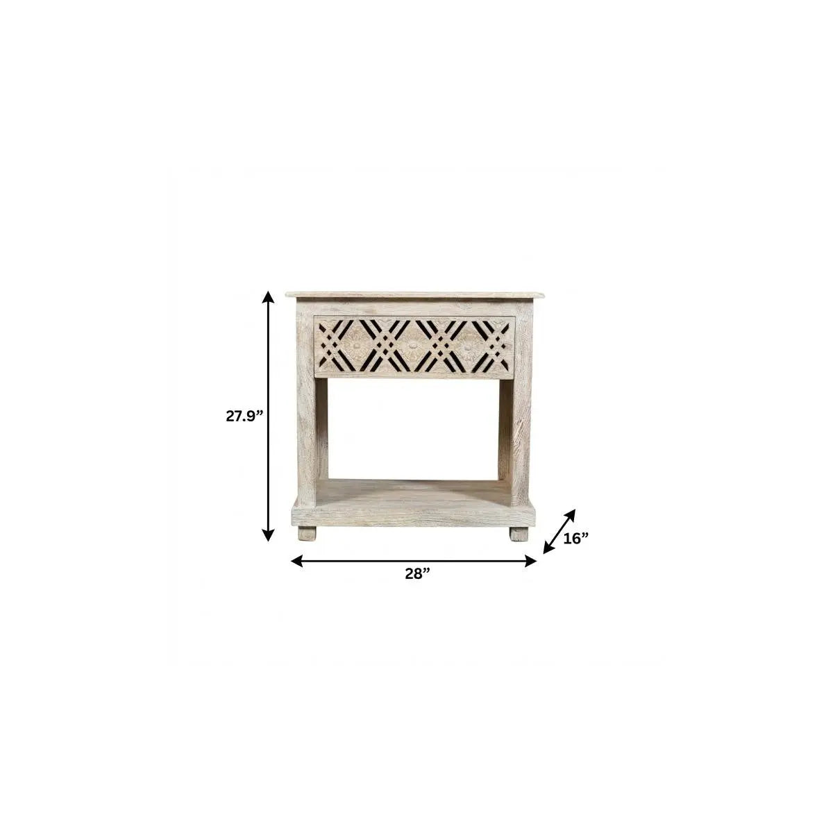 28" White Solid Wood Distressed Carved Geometric One Drawer Nightstand Homeroots Bed & Bath