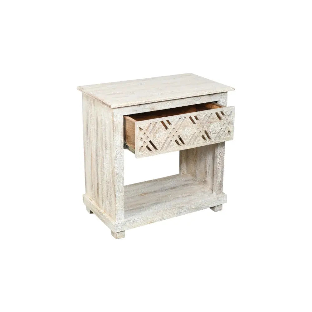 28" White Solid Wood Distressed Carved Geometric One Drawer Nightstand Homeroots Bed & Bath