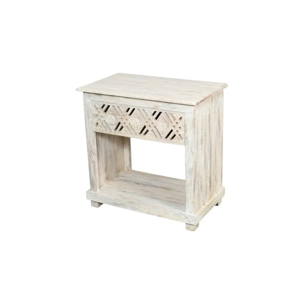 28" White Solid Wood Distressed Carved Geometric One Drawer Nightstand Homeroots Bed & Bath