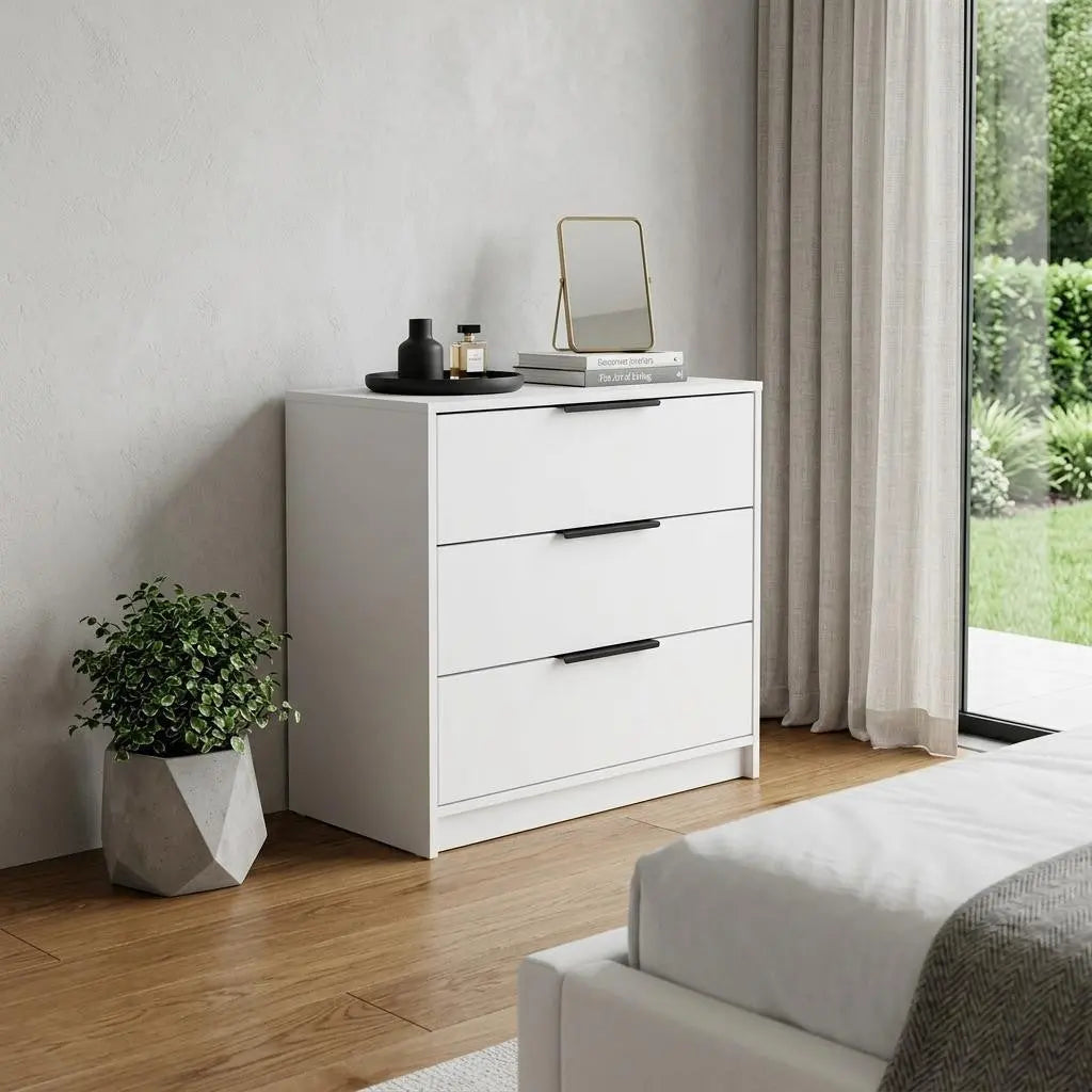 28" White Wood Three Drawer Dresser Homeroots Bed & Bath