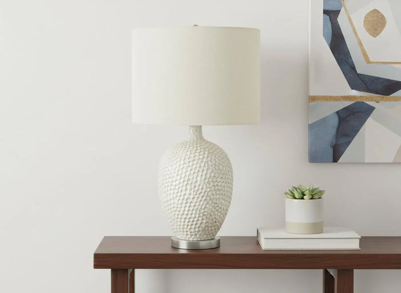 28" White and Silver Ceramic Round Table Lamp With Cream Drum Shade Homeroots Lighting