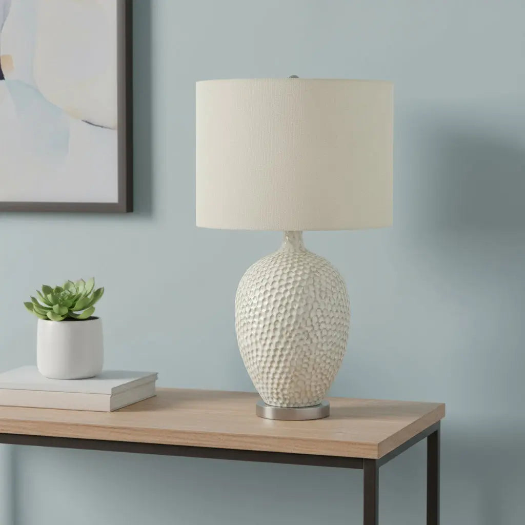 28" White and Silver Ceramic Round Table Lamp With Cream Drum Shade Homeroots Lighting